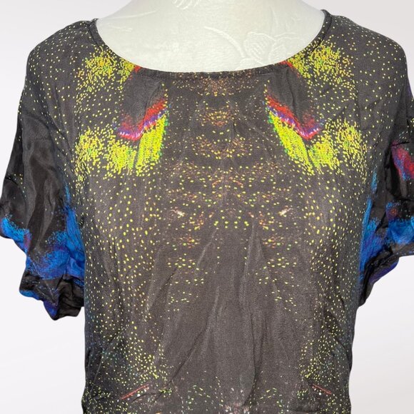 French Connection Silk Tunic Dress Abstract Print Black Blue Yellow Size 4 - Picture 2 of 8